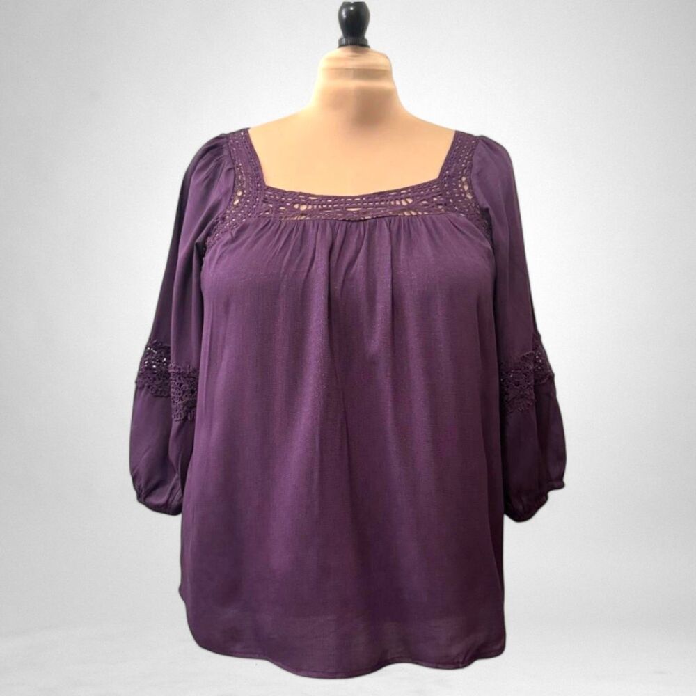 ANGELA Plus Plum Boho Square Neck Lace Detailed 3/4 Sleeves Curvy Size Top, 3X